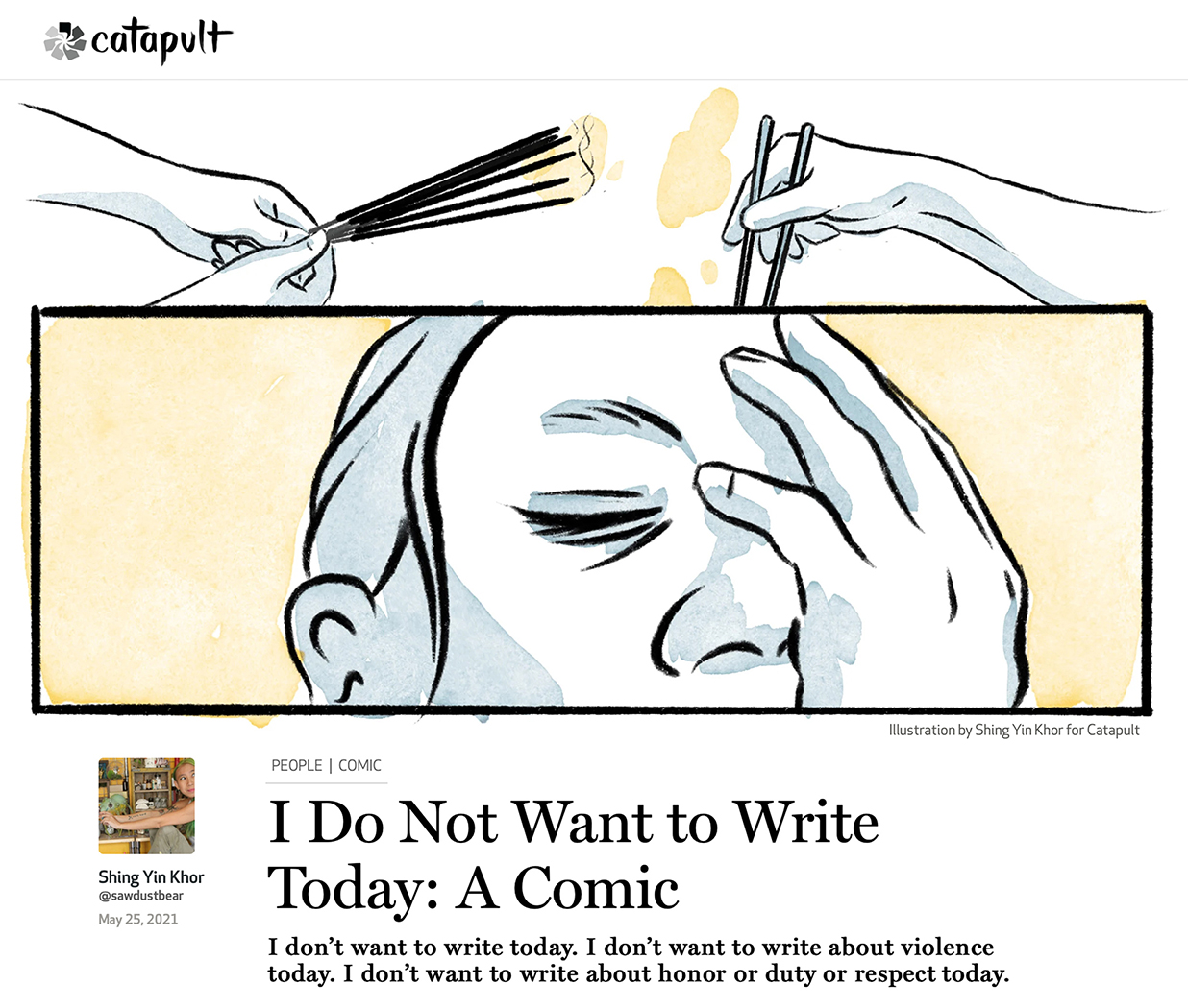 “I Do Not Want to Write Today: A Comic,” illustrations by Shing Yin Khor, May 25