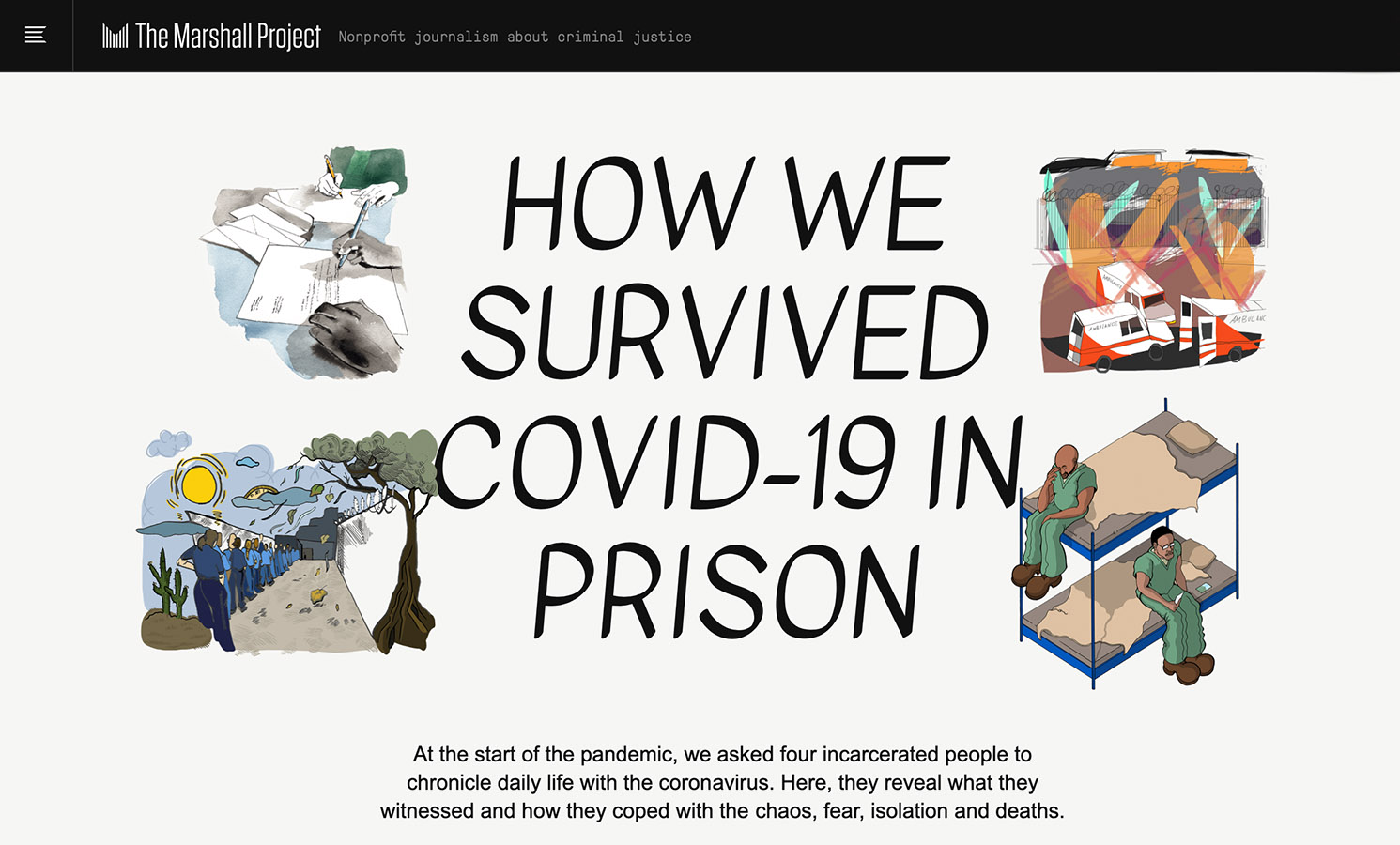 “How We Survived COVID-19 in Prison,” illustrations by Danica Novgorodoff, Kayla Salisbury, Hannah Buckman and Acacio Ortas, April 22