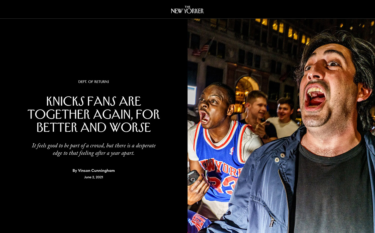 "Knicks Fans Are Together Again, for Better and Worse," photograph by Mark Peterson, June 2 at newyorker.com