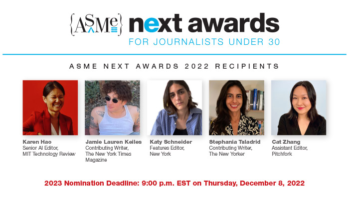 ASME NEXT Awards for Journalists Under 30 - 2022 Recipients